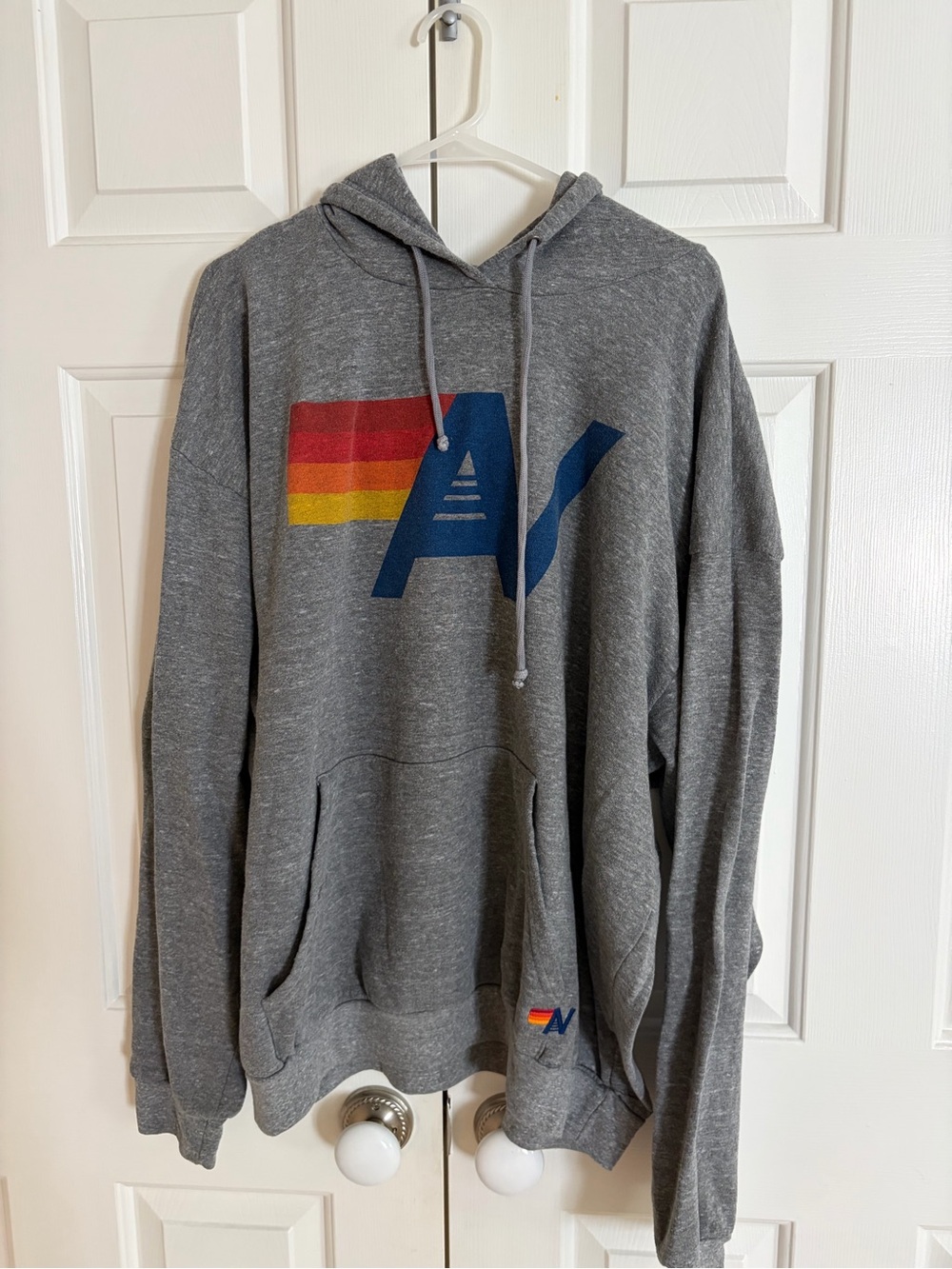 Aviator Nation Gray Pullover Hoodie with Rainbow Stripe and Navy 'A' Logo